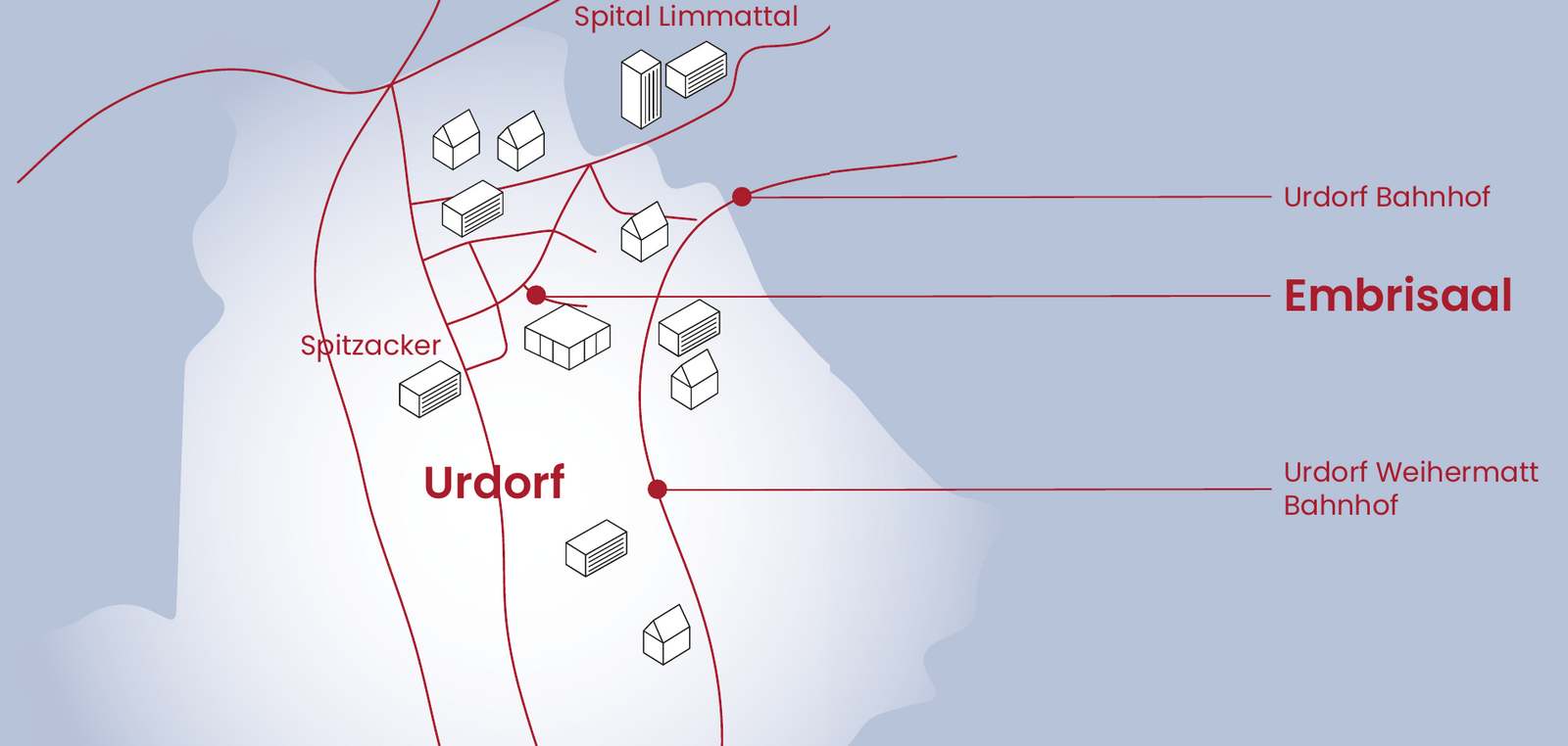 Lageplan von Urdorf mit Embrisaal, Bahnhof Urdorf und Bahnhof Urdorf Weihermatt